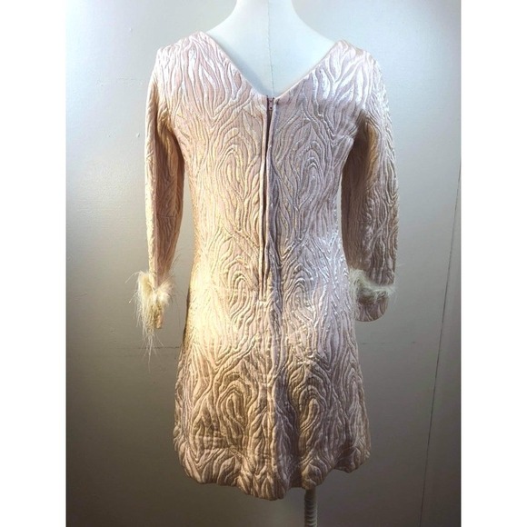 Vintage 60s Feather Cuff Brocade MOD Cocktail Dress Buttons The Collection Small - Picture 2 of 16